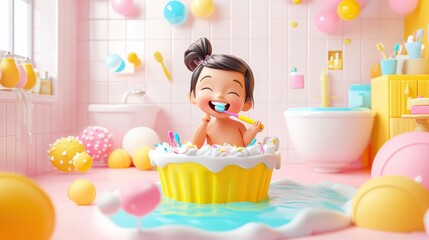 Cheerful Child Enjoying Brushing Teeth in Cartoon Style
