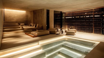 Obraz premium Modern Interior Design with Wine Cellar, Pool, and Seating Area