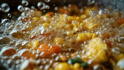 Close-up of fermenting food scraps in a biogas digester, bubbles and organic matter visible, photorealistic detail