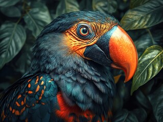 Fototapeta premium Vibrant Parrot with Striking Orange Beak in Tropical Rainforest