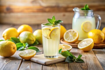 Fototapeta premium Refreshing and healthy fresh cut lemonade with lemon water in a jar on a light wooden background