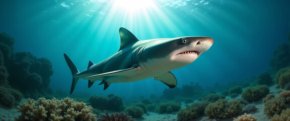 Obraz premium Majestic Great White Shark Gliding Through Crystal-Clear Turquoise Waters of the Open Ocean