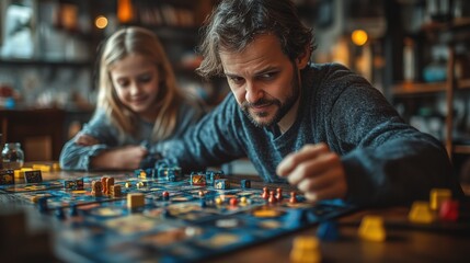 Fototapeta premium Family playing board games around the dinner table. Featuring different board games and snacks. Highlighting family bonding and entertainment. Ideal for family magazines.