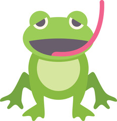 Cartoon illustration of a playful green frog sticking its tongue out and licking its mouth, isolated on a white background