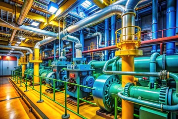 Dark Industrial Engine Room with Steel Pipelines and Gas Tanks in a Ship's Factory Environment
