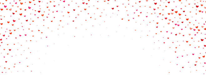 Falling down heart-shaped confetti pattern. Splashed pink and red heart glitter background. Romantic wallpaper for celebration Saint Valentines day, birthday, wedding party. Vector