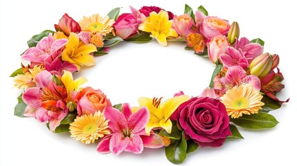 A vibrant floral frame made of roses, lilies, and daisies in shades of pink, yellow, and orange. The flowers create a circular border on a white background, with leaves adding texture and depth.