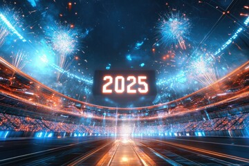 A vibrant stadium celebrating the arrival of 2025, featuring dazzling lights and fireworks for a spectacular event.