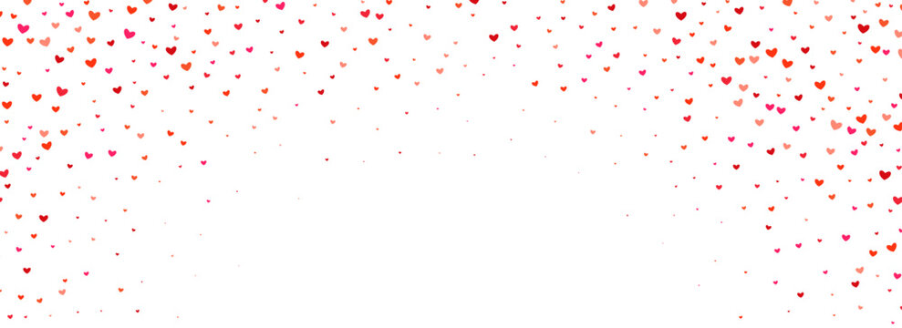 Falling down heart-shaped confetti pattern. Splashed pink and red heart glitter background. Romantic wallpaper for celebration Saint Valentines day, birthday, wedding party. Vector