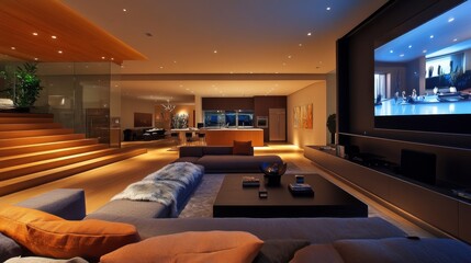 Modern Living Room with Sectional Sofa, Large Screen, and Wooden Stairs