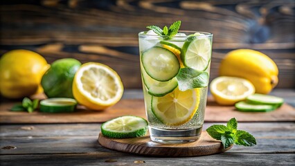 Fototapeta premium Refreshing cucumber lemon infused water in glass with ice