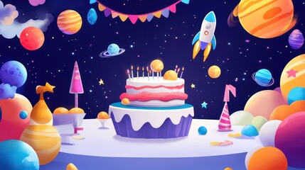 Space-themed birthday illustrations, exciting space-themed birthday party with decorations of planets and rockets