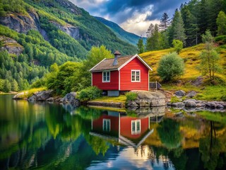 Naklejka premium Discover a peaceful small house by a Norwegian lake, perfect for a relaxing getaway. Enjoy nature's beauty and serenity in this charming retreat.