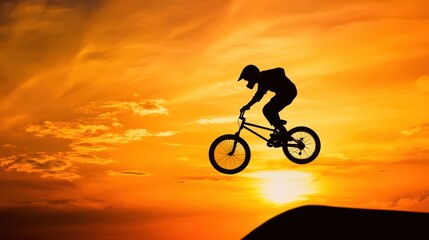 A BMX rider performs an impressive jump against a vibrant sunset backdrop, showcasing the thrill of extreme sports.
