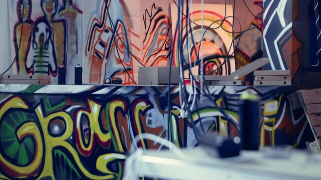 Graphic grunge graffiti art on walls in derelict building, concept of alternative lifestyle. Panning shot of ghetto abandoned building used as headquarters by teenagers hanging out