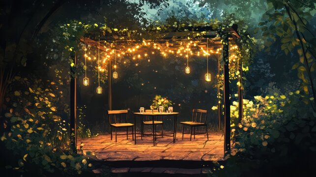 Small backyard wedding illustrations, cozy outdoor wedding with personal touches, surrounded by greenery and lights - Powered by Adobe