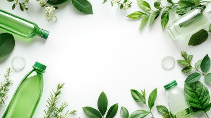 Green Bottles and Leaves Surrounding a White Background
