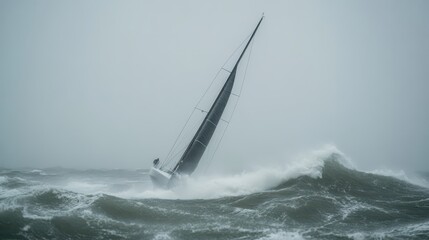 A sailboat navigates rough seas amid a storm, showcasing resilience against powerful waves and inclement weather.
