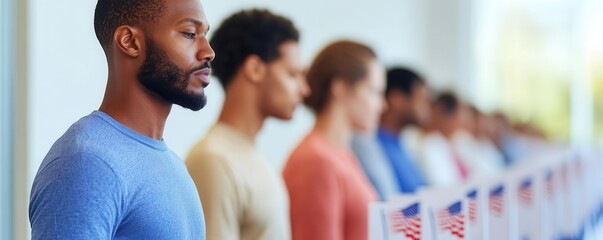 Voters lining up at a polling station to cast their ballots, soft indoor lighting, ultrarealistic detail of voting booths, ballots, and democratic action