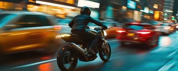 A motorcycle speeds through a busy city street at night, surrounded by blurred cars and illuminated storefronts, conveying a sense of motion and urban energy.