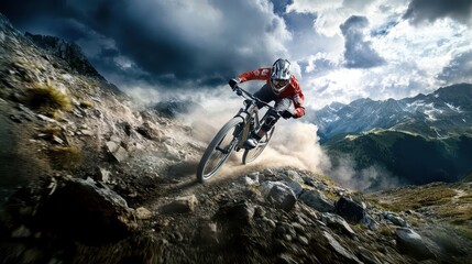 Fototapeta premium A mountain biker speeds through rocky terrain under dramatic skies, showcasing the thrill of downhill riding and adventure.