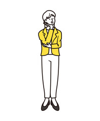 腕を組んで考えているビジネスウーマンのシンプルな全身イラスト素材