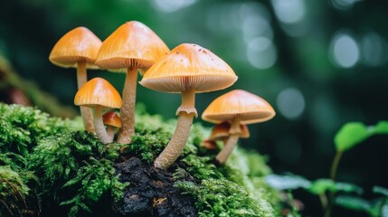 A Cluster of Orange Mushrooms Growing on Moss Covered Log