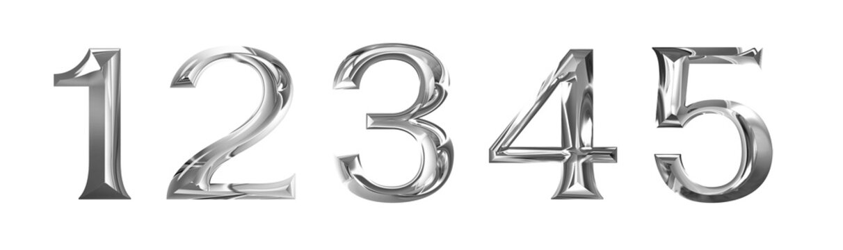 realistic silver chrome metal numbers 12345 transparent PNG file & high resolution 300 dpi