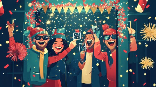 New Year photo booth illustrations, excited people in festive outfits, capturing memories in a New Year-themed photo booth