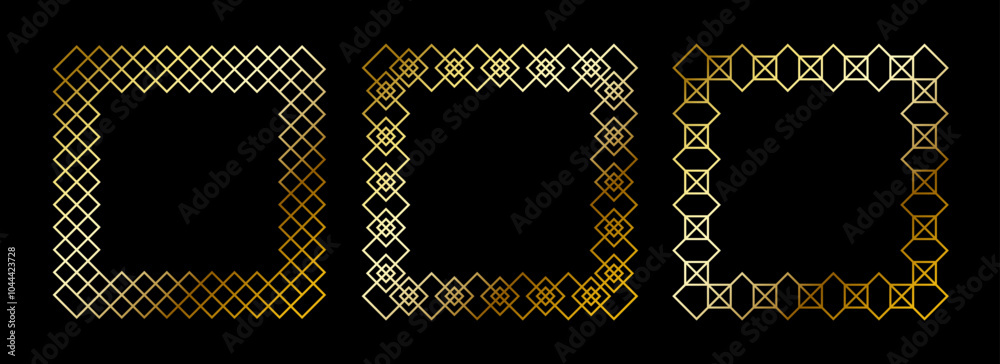 Poster Gold thin frame set. Golden square borders in art deco style. Thin linear radiance rectangle element collection. Luxury shiny glowing boarder pack. Vector bundle for photo, cadre, poster, card, banner
