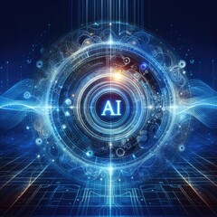 Obraz premium Futuristic AI Vortex: Glowing Blue Digital Visualization Representing Artificial Intelligence, Neural Networks, Machine Learning, and Dynamic Data Flow in a High-Tech Design