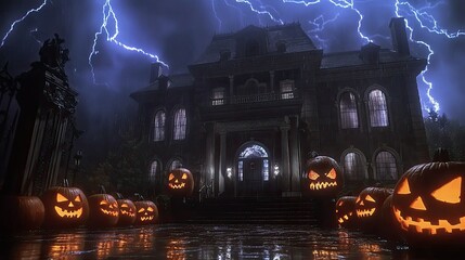 Fototapeta premium A haunted mansion at night, with lightning flashing behind it and glowing jack-o'-lanterns lining the entrance. The windows flicker with eerie light.