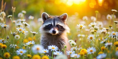 A Curious Raccoon Amidst a Field of Daisies, Bathed in the Golden Hour's Warm Embrace