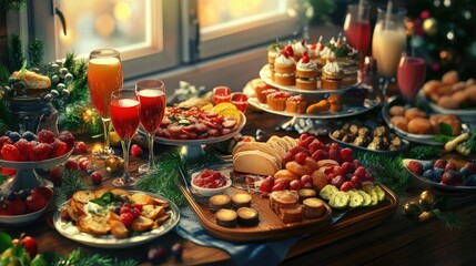 A New Year's Eve party scene with a buffet table full of delicious appetizers, drinks, and desserts, ready for guests to enjoy.