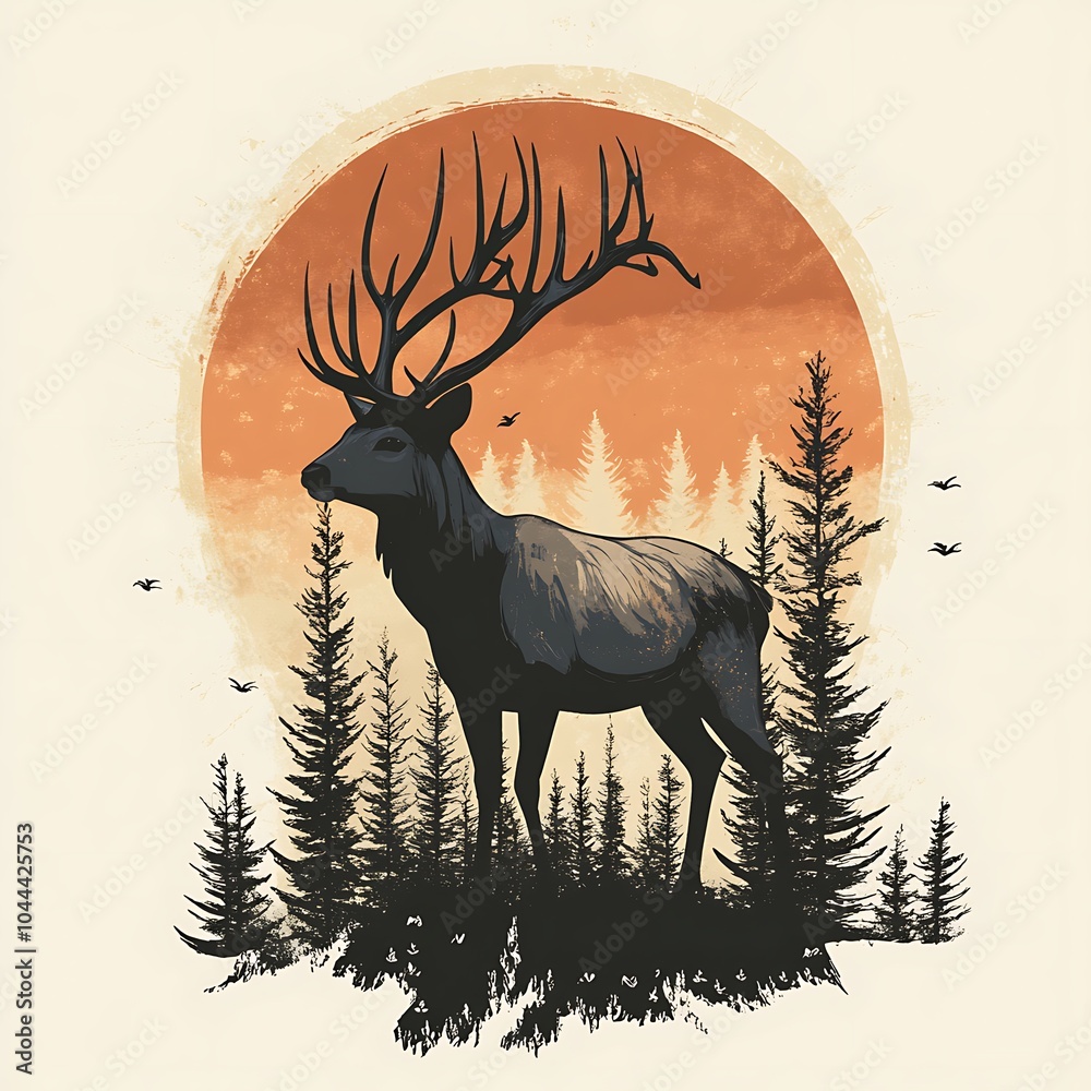 Poster silhouette of a stag standing in a forest with a sunset behind it.