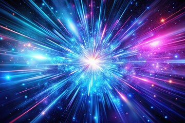 Fototapeta premium Experience a captivating blue and purple neon glow background showcasing a light speed effect, capturing the beauty of a galaxy explosion amidst the universe's vastness.