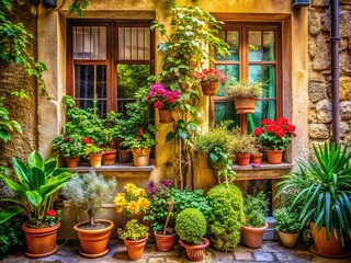 Fototapeta premium Experience a cozy atmosphere with window plants, nestled in a charming street, inspiring your home decor while providing a peaceful retreat for relaxation.
