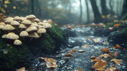 Obraz premium Cluster of Mushrooms Beside a Misty Stream in a Forest