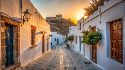 Fototapeta premium Serene morning scene in Lindos Rhodes with silhouettes of buildings and people