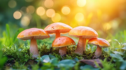 Fototapeta premium Orange Mushrooms in a Forest Setting with Sunlight Filtering Through the Trees