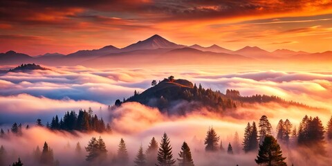 Naklejka premium A Majestic Panorama of Serene Mountaintops Bathed in the Golden Hues of a Breathtaking Sunrise, Where the Misty Veil of Clouds Gently Envelopes the Landscape