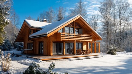 cabin in the middle of the mountain with snow around on a sunny day