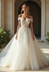 Chic Ivory Wedding Dress with Off-Shoulder Straight Neckline and Dramatic Over Skirt Adorned with Sparkling Jewel Appliqu&eacute;s
