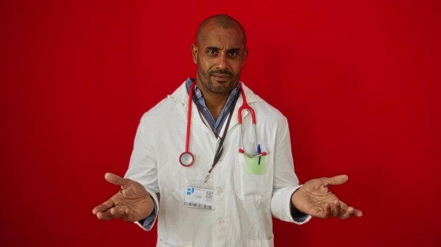 Doctor wearing white coat and red stethoscope stands with questioning hands on an isolated red background
