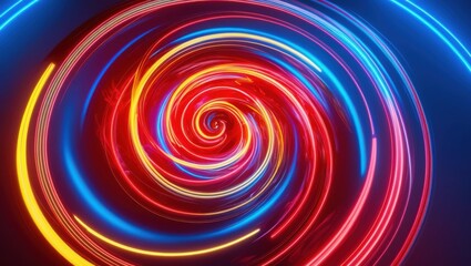 Obraz premium Vibrant neon spiral, psychedelic swirl, colorful vortex, glowing electric colors, hypnotic pattern, abstract digital art, vibrant red and blue, dynamic energy, futuristic design, surreal light trails,