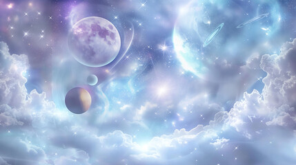 Fototapeta premium A mystical card featuring a celestial scene with stars, planets, and a glowing moon. Ethereal clouds swirl around the edges, with shimmering light reflecting off the space elements. Soft blues, purple