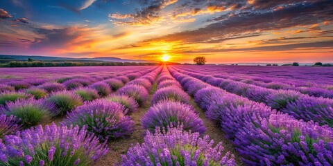 A picturesque landscape of vibrant purple lavender blooming in rows, bathed in the warm glow of a setting sun, the sky ablaze with hues of orange, pink, and blue