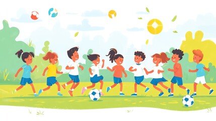 Obraz premium children playing sports illustrations, diverse group of kids enjoying a friendly soccer game in a sunny park