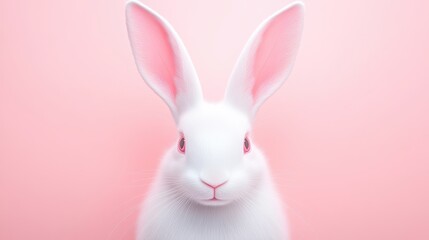 Obraz premium A white rabbit with pink ears is staring at the camera