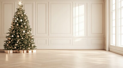 A decorated Christmas tree standing in a cozy living room with a fireplace, featuring wooden floors and large windows in a bright, contemporary home